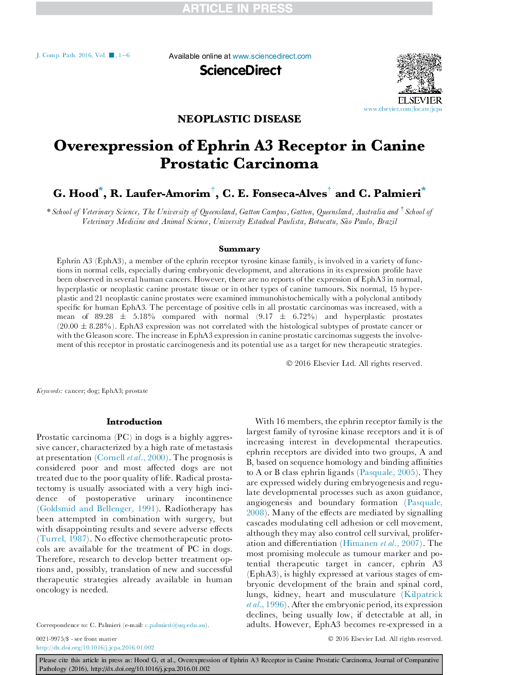 Overexpression of Ephrin A3 Receptor in Canine Prostatic Carcinoma