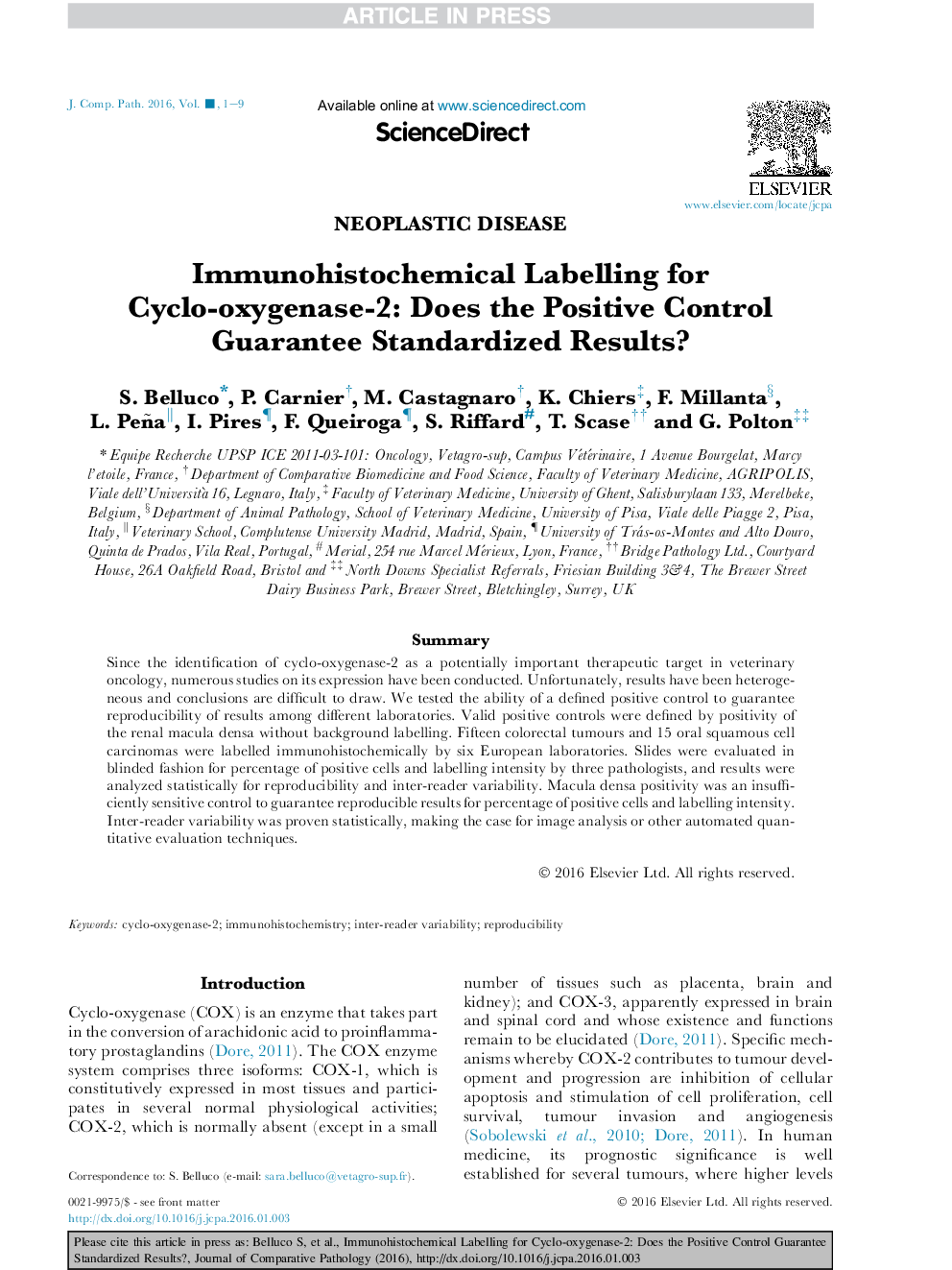 Immunohistochemical Labelling for Cyclo-oxygenase-2: Does the Positive Control Guarantee Standardized Results?