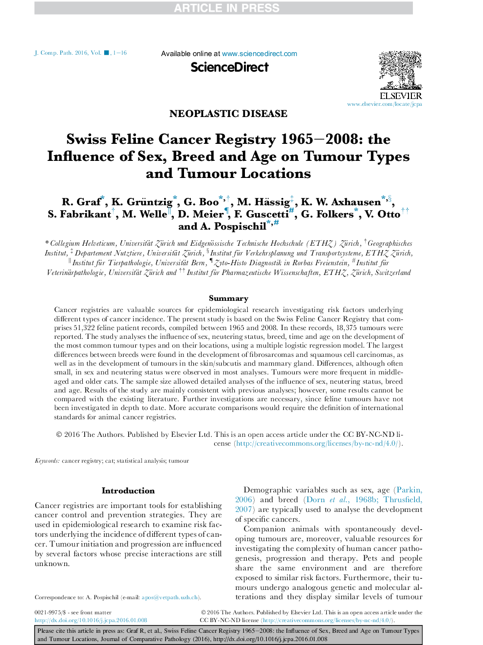 Swiss Feline Cancer Registry 1965-2008: the Influence of Sex, Breed and Age on Tumour Types and Tumour Locations