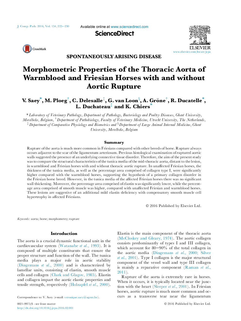 Morphometric Properties of the Thoracic Aorta of Warmblood and Friesian Horses with and without Aortic Rupture