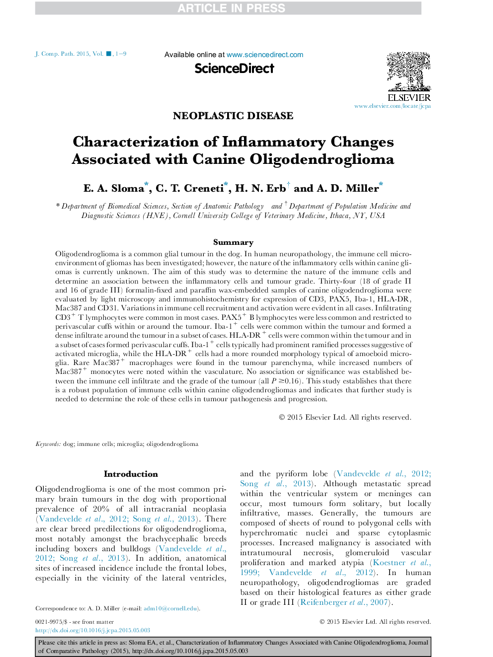 Characterization of Inflammatory Changes Associated with Canine Oligodendroglioma