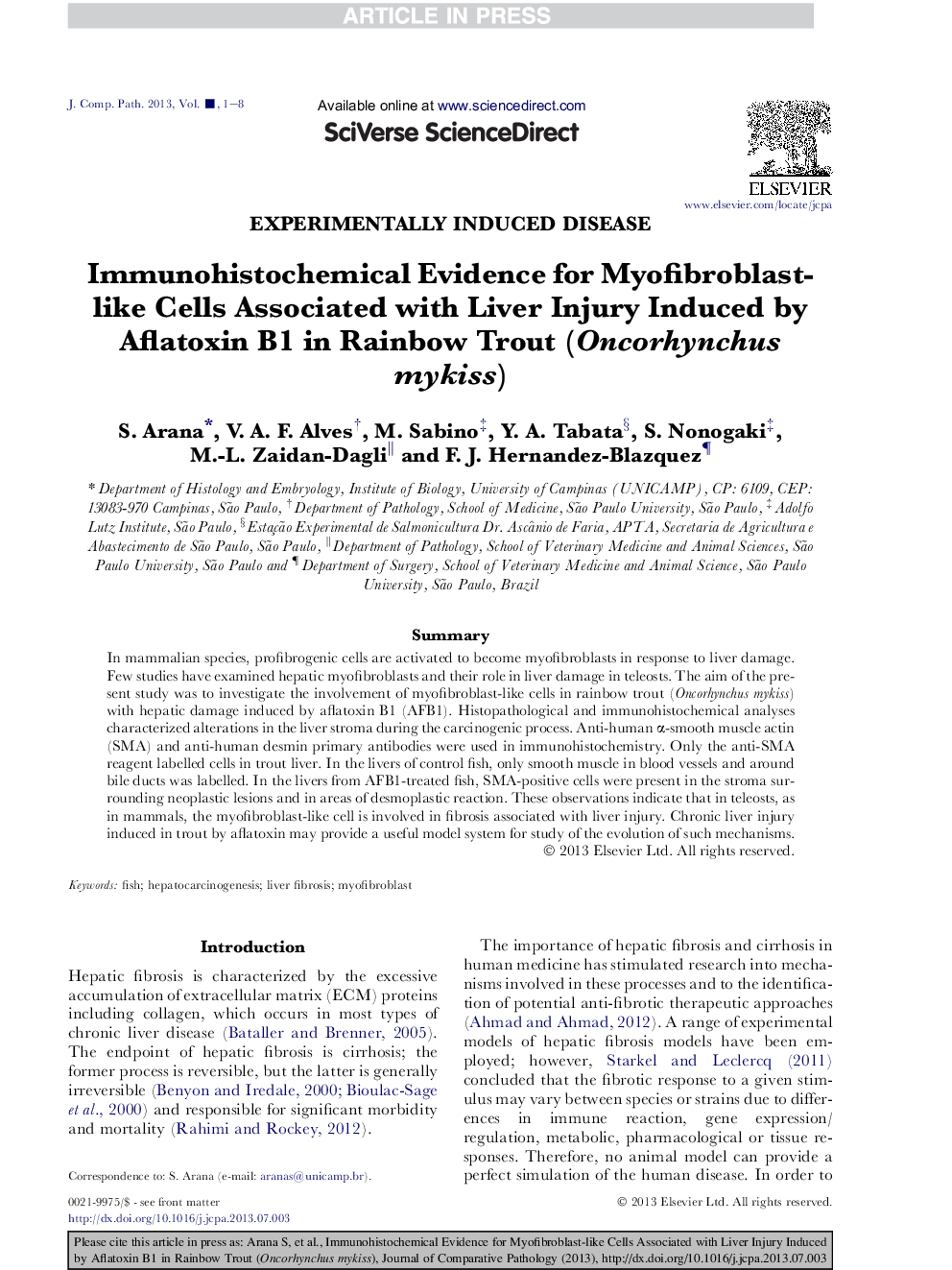 Immunohistochemical Evidence for Myofibroblast-like Cells Associated with Liver Injury Induced by Aflatoxin B1 in Rainbow Trout (Oncorhynchus mykiss)