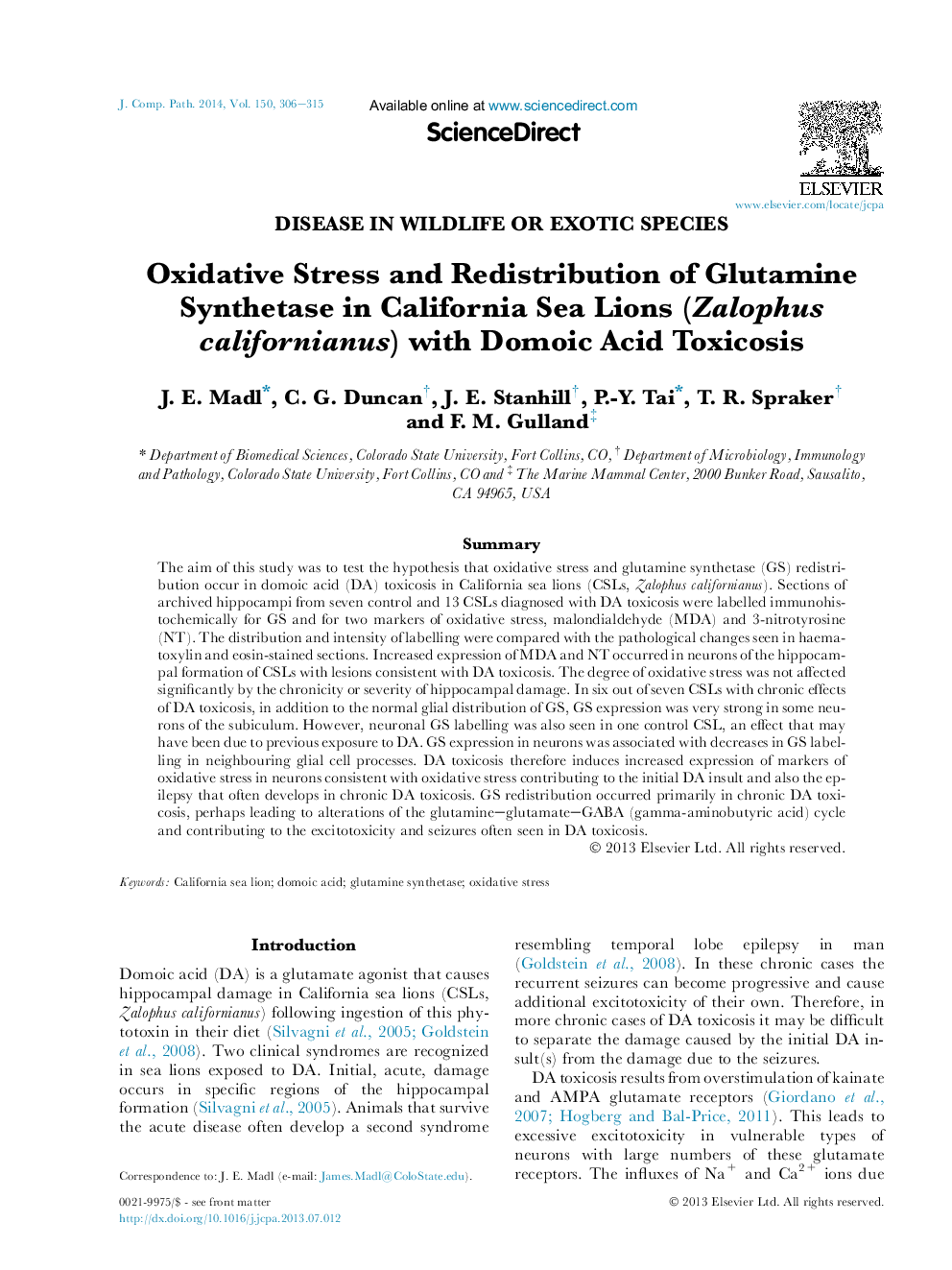 Oxidative Stress and Redistribution of Glutamine Synthetase in California Sea Lions (Zalophus californianus) with Domoic Acid Toxicosis