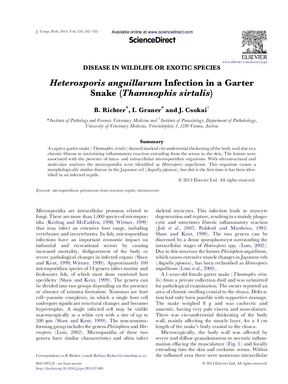 Heterosporis anguillarum Infection in a Garter Snake (Thamnophis sirtalis)