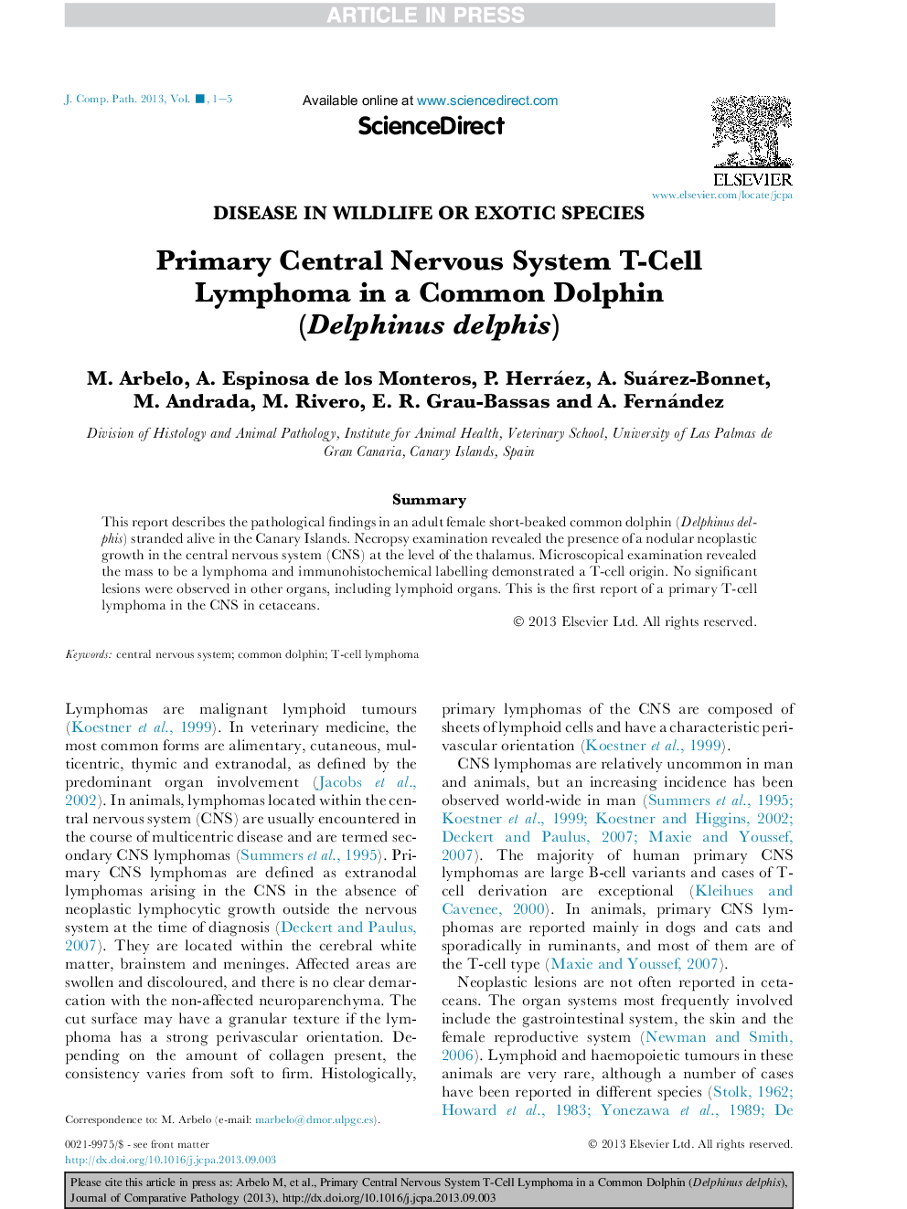 Primary Central Nervous System T-Cell Lymphoma in a Common Dolphin (Delphinus delphis)