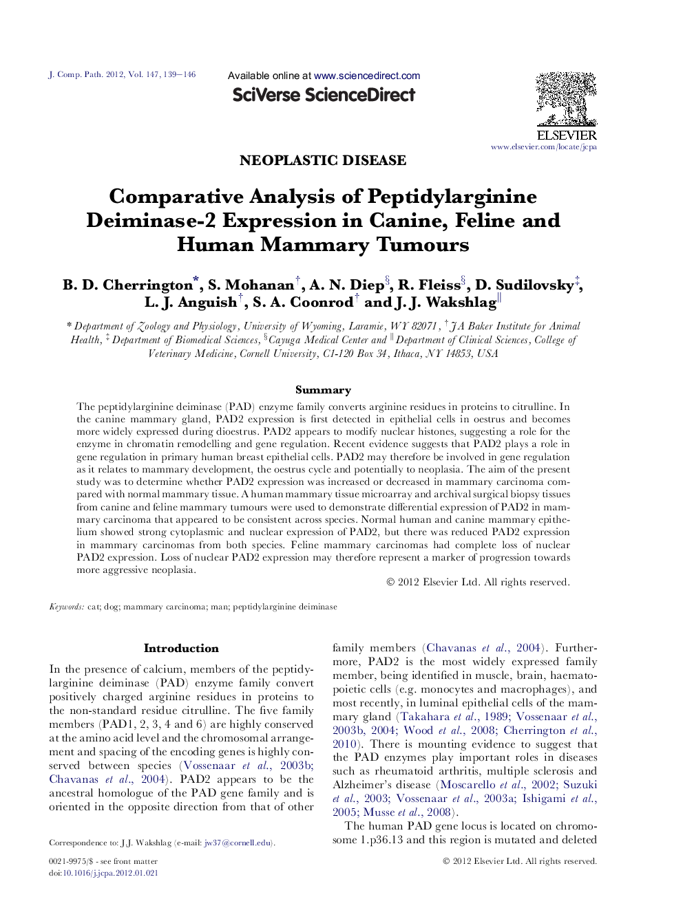 عکس صفحه اول مقاله: Comparative Analysis of Peptidylarginine Deiminase-2 Expression in Canine, Feline and Human Mammary Tumours Comparative Analysis of Peptidylarginine Deiminase-2 Expression in Canine, Feline and Human Mammary Tumours