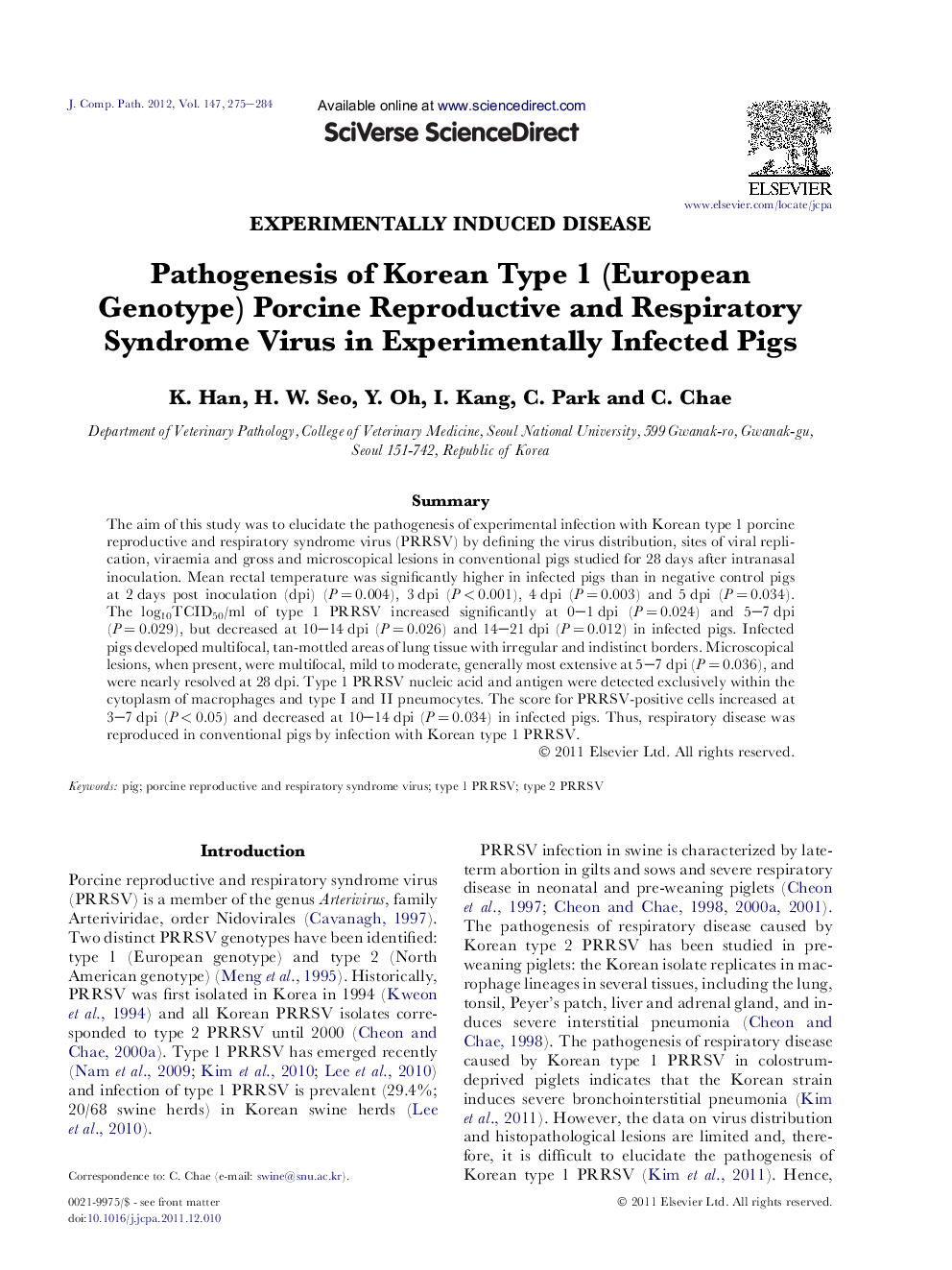 Pathogenesis of Korean Type 1 (European Genotype) Porcine Reproductive and Respiratory Syndrome Virus in Experimentally Infected Pigs