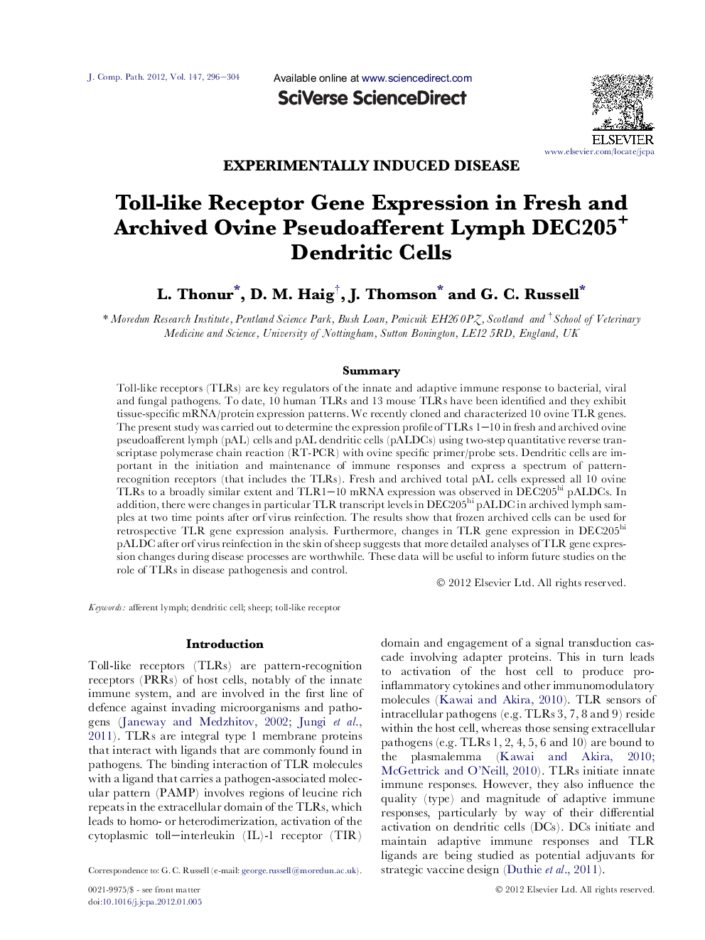 Toll-like Receptor Gene Expression in Fresh and Archived Ovine Pseudoafferent Lymph DEC205+ Dendritic Cells