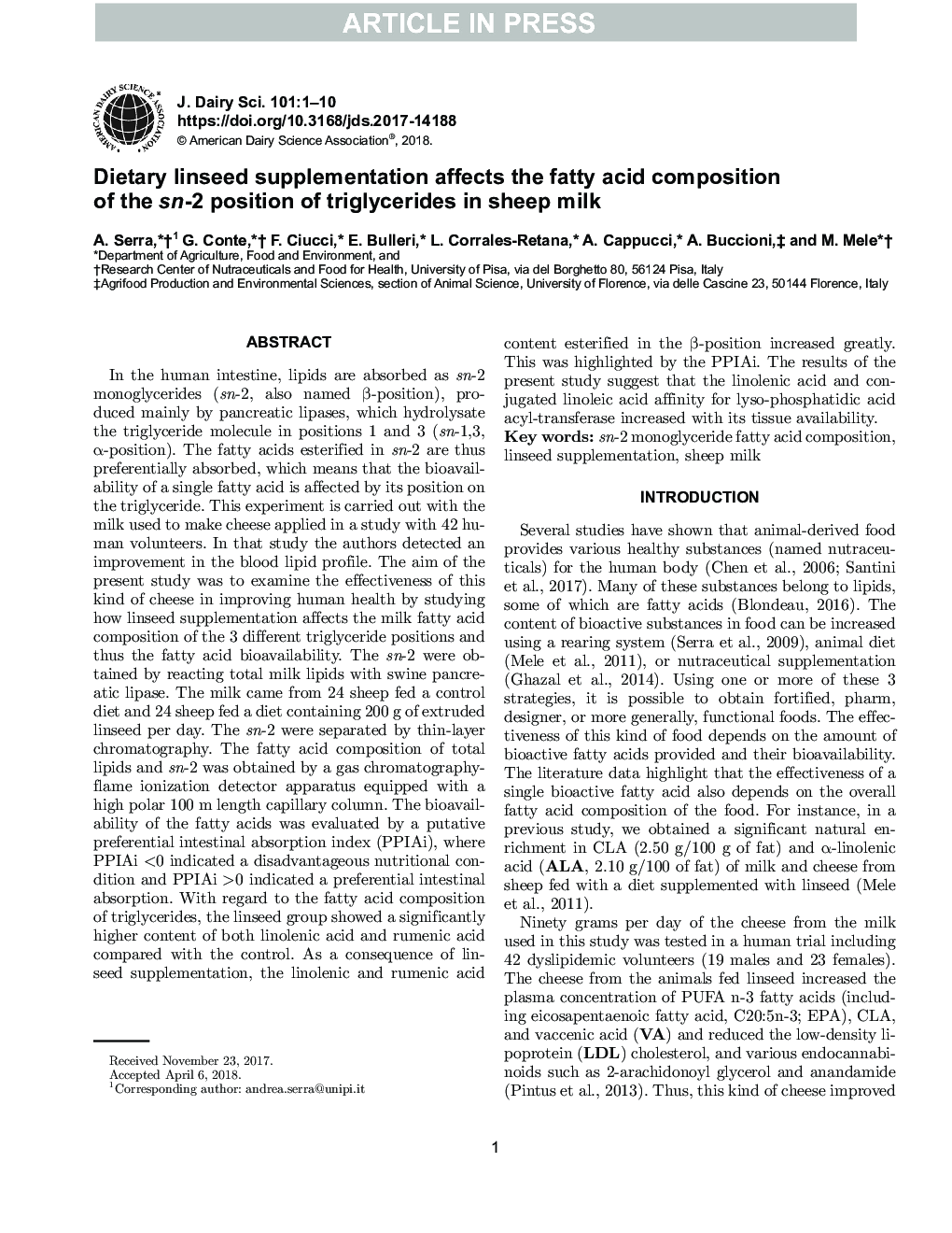 Dietary linseed supplementation affects the fatty acid composition of the sn-2 position of triglycerides in sheep milk