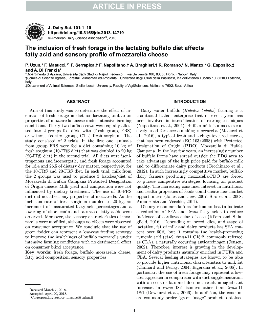 The inclusion of fresh forage in the lactating buffalo diet affects fatty acid and sensory profile of mozzarella cheese