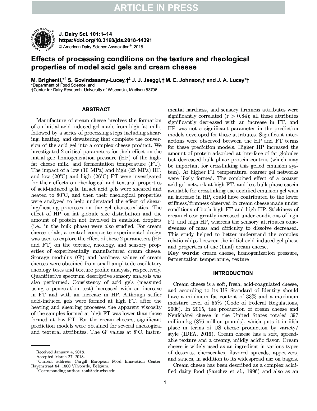 Effects of processing conditions on the texture and rheological properties of model acid gels and cream cheese