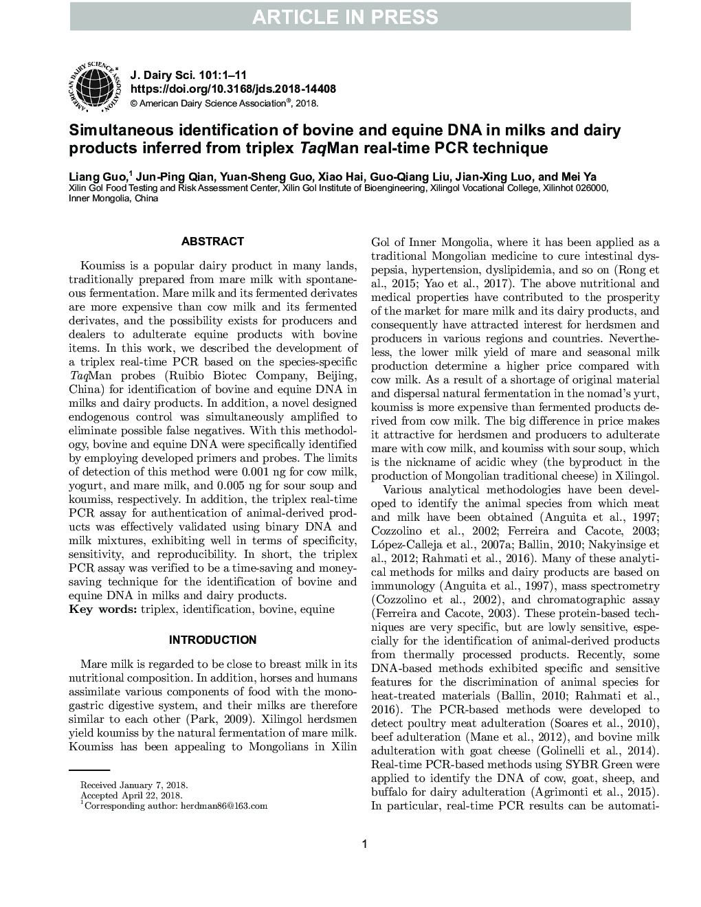 Simultaneous identification of bovine and equine DNA in milks and dairy products inferred from triplex TaqMan real-time PCR technique