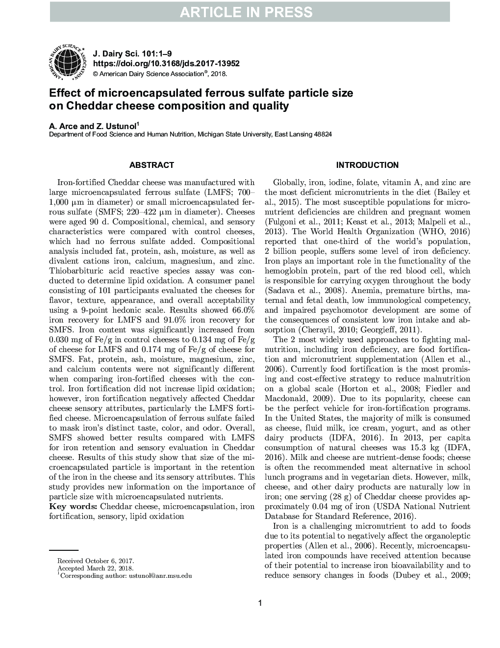 Effect of microencapsulated ferrous sulfate particle size on Cheddar cheese composition and quality