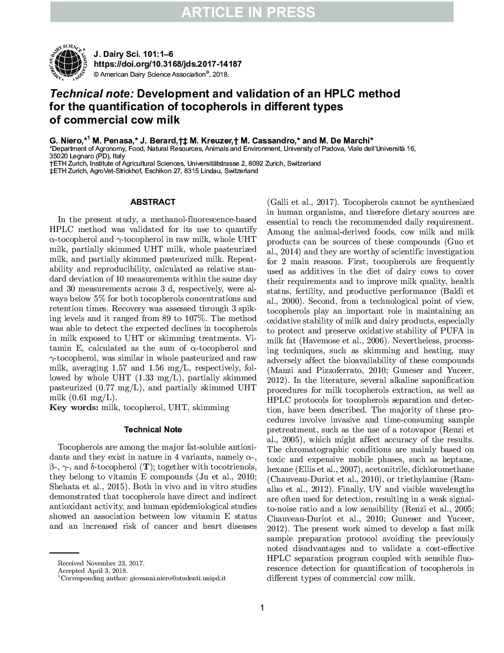 Technical note: Development and validation of an HPLC method for the quantification of tocopherols in different types of commercial cow milk