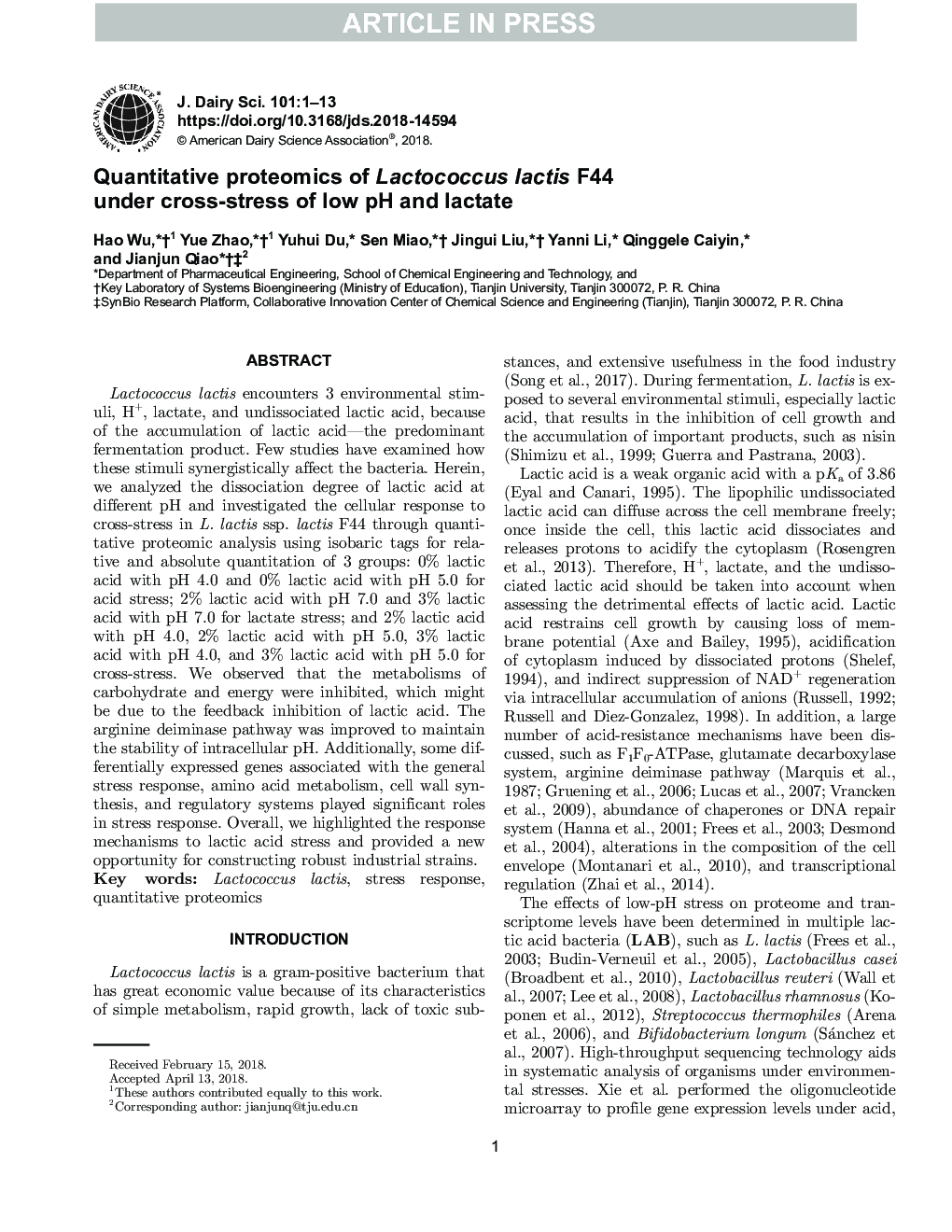 Quantitative proteomics of Lactococcus lactis F44 under cross-stress of low pH and lactate