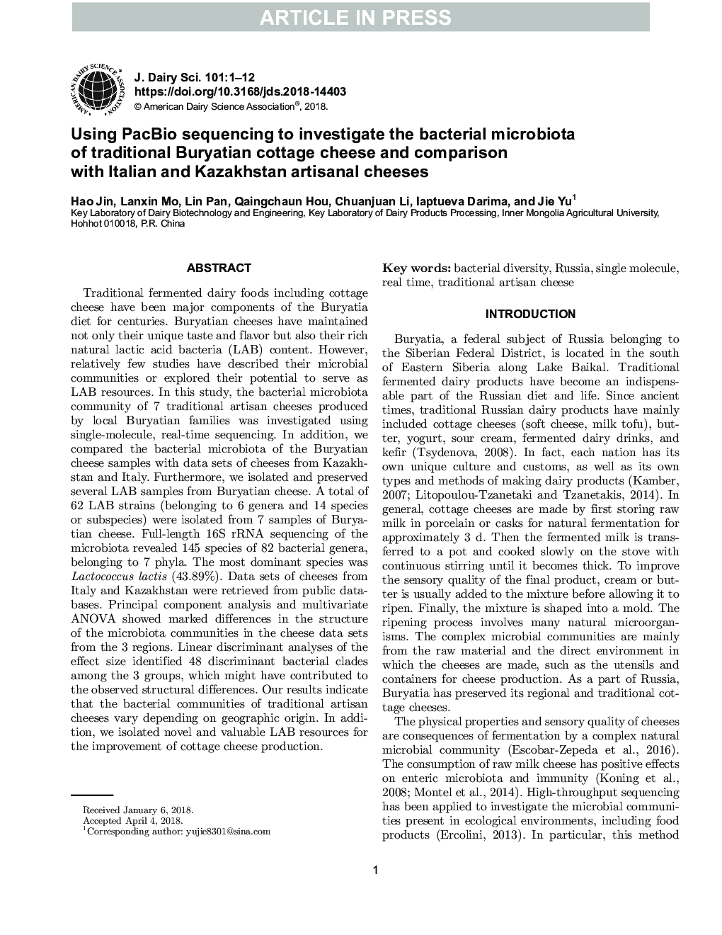 Using PacBio sequencing to investigate the bacterial microbiota of traditional Buryatian cottage cheese and comparison with Italian and Kazakhstan artisanal cheeses