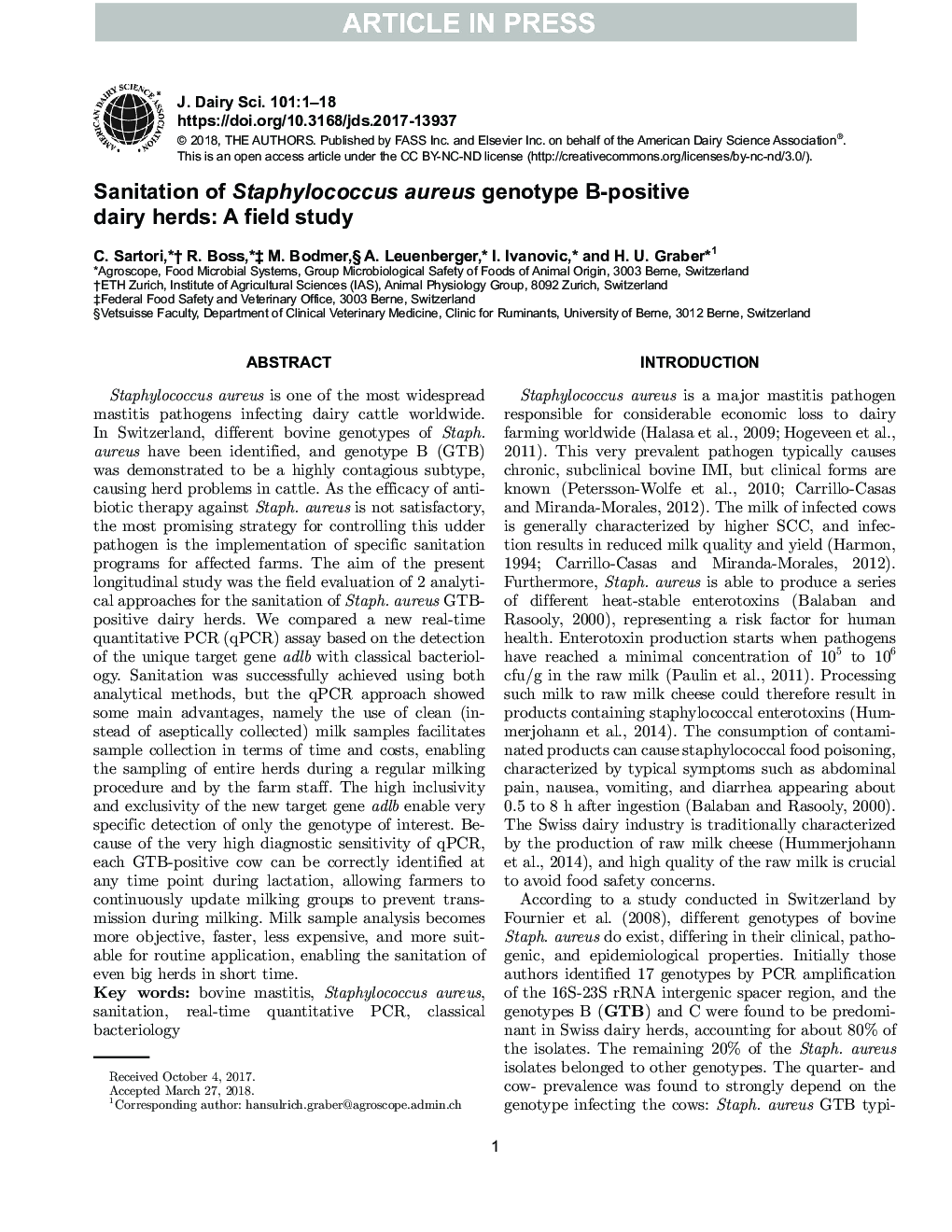 Sanitation of Staphylococcus aureus genotype B-positive dairy herds: A field study