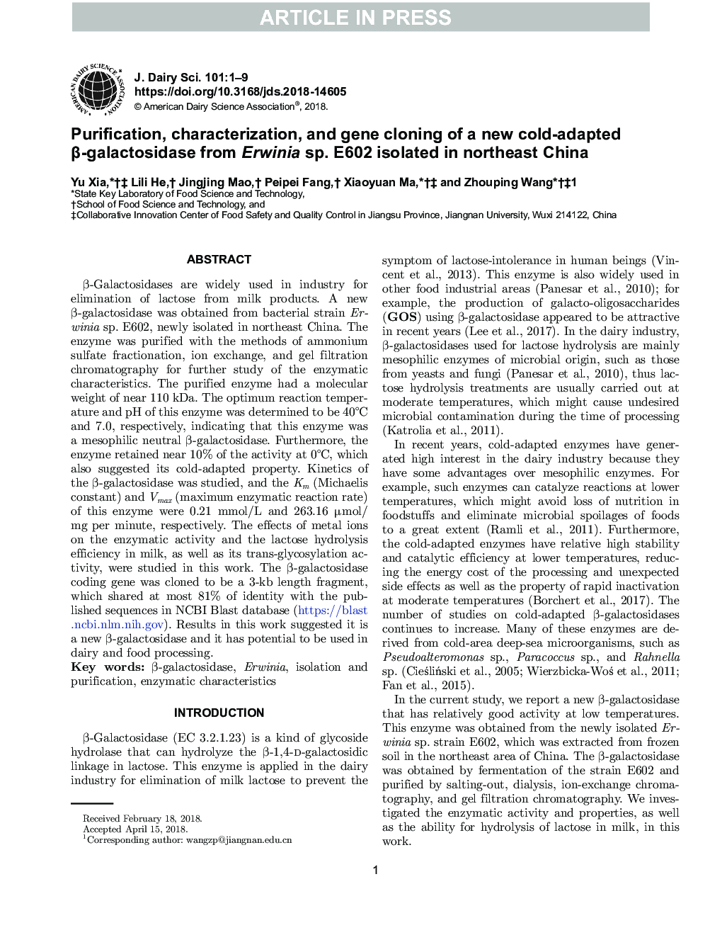 Purification, characterization, and gene cloning of a new cold-adapted Î²-galactosidase from Erwinia sp. E602 isolated in northeast China