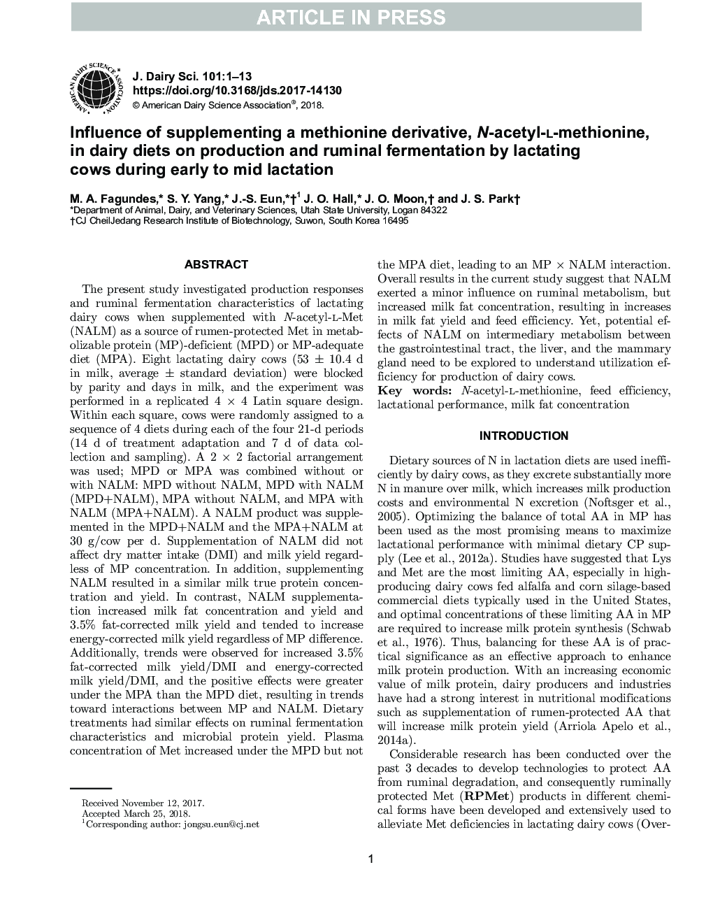 Influence of supplementing a methionine derivative, N-acetyl-l-methionine, in dairy diets on production and ruminal fermentation by lactating cows during early to mid lactation