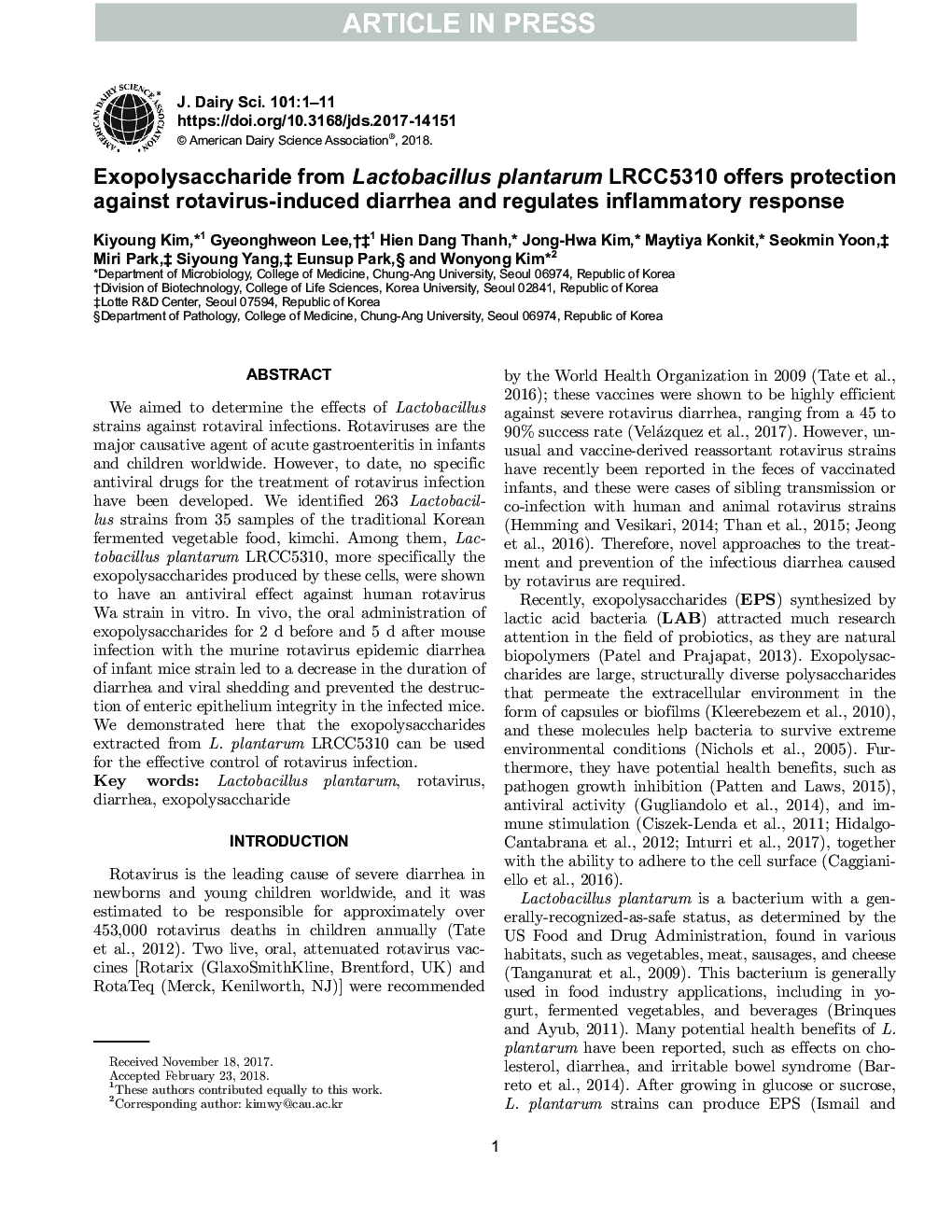 Exopolysaccharide from Lactobacillus plantarum LRCC5310 offers protection against rotavirus-induced diarrhea and regulates inflammatory response