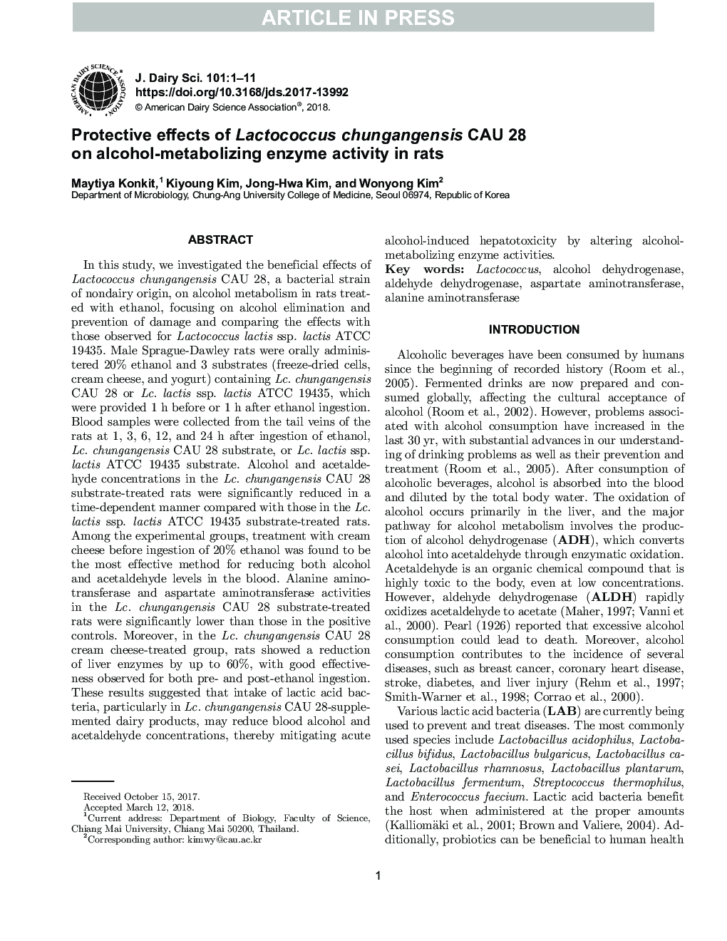 Protective effects of Lactococcus chungangensis CAU 28 on alcohol-metabolizing enzyme activity in rats