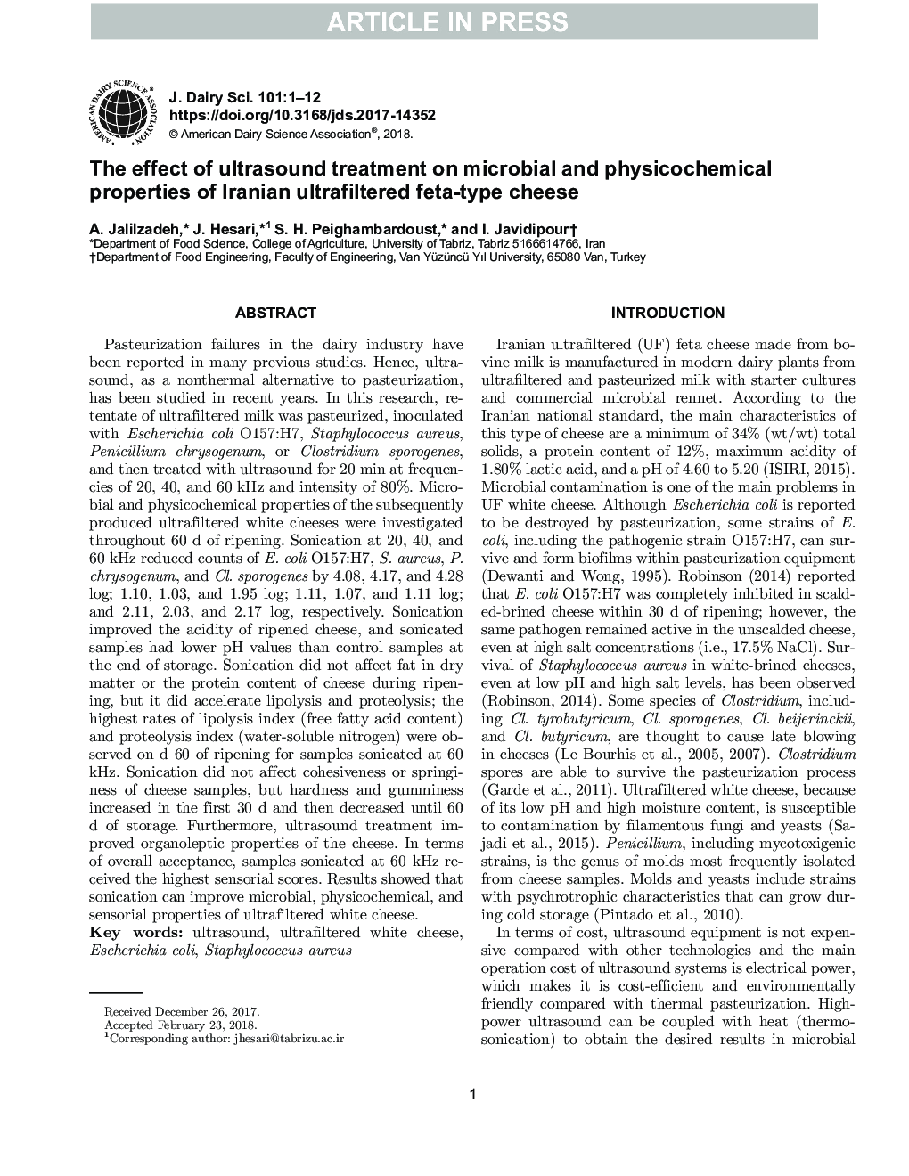 The effect of ultrasound treatment on microbial and physicochemical properties of Iranian ultrafiltered feta-type cheese