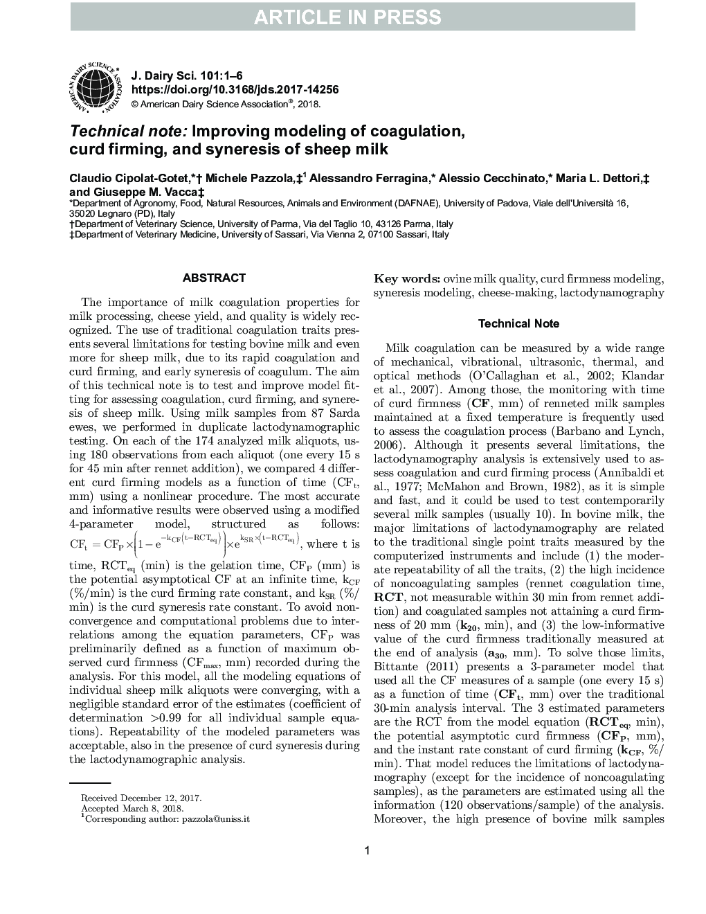 Technical note: Improving modeling of coagulation, curd firming, and syneresis of sheep milk