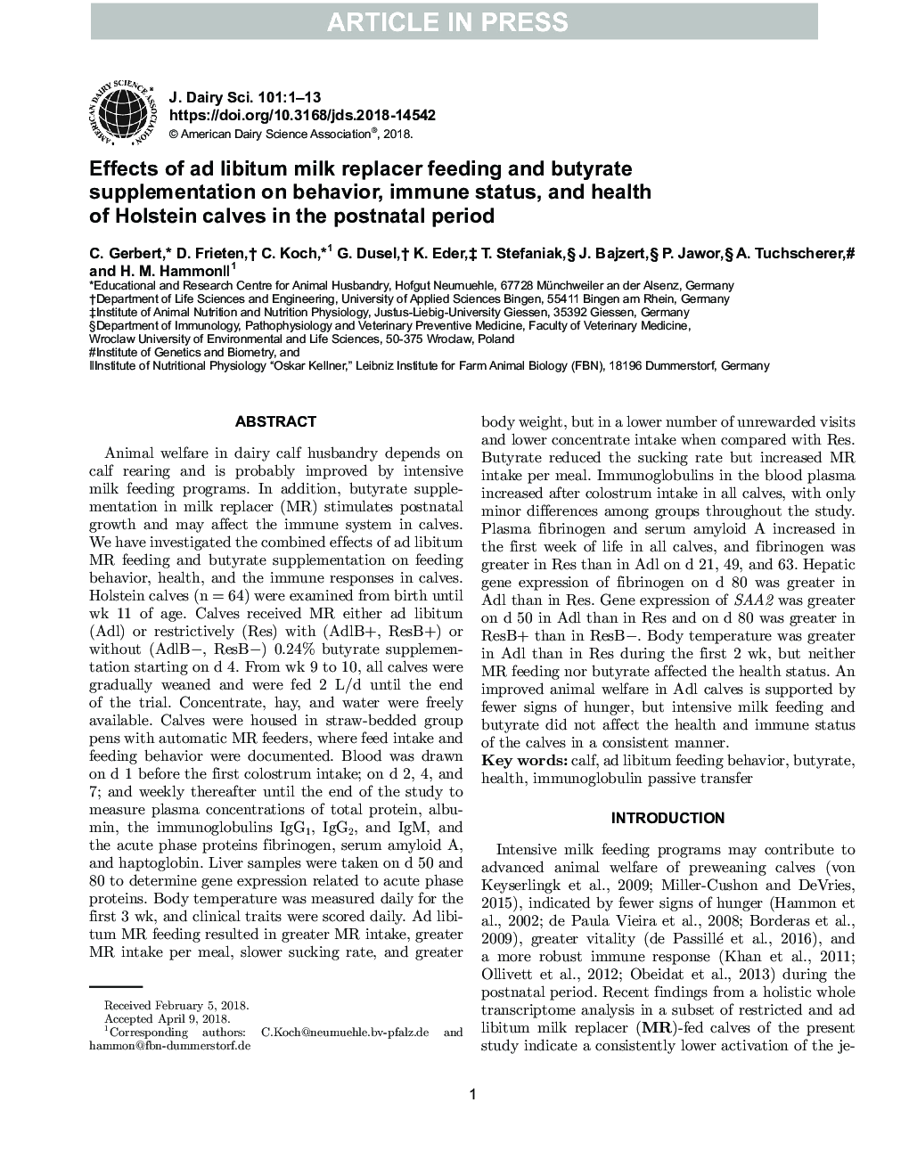 Effects of ad libitum milk replacer feeding and butyrate supplementation on behavior, immune status, and health of Holstein calves in the postnatal period