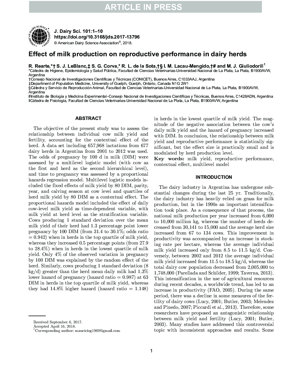 Effect of milk production on reproductive performance in dairy herds