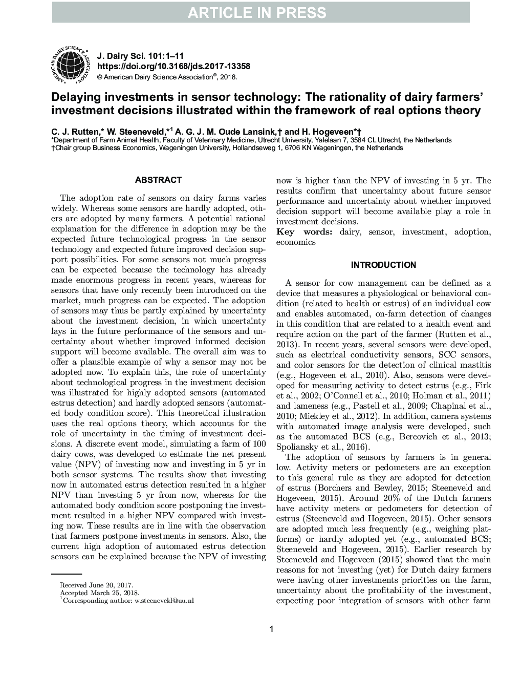 Delaying investments in sensor technology: The rationality of dairy farmers' investment decisions illustrated within the framework of real options theory