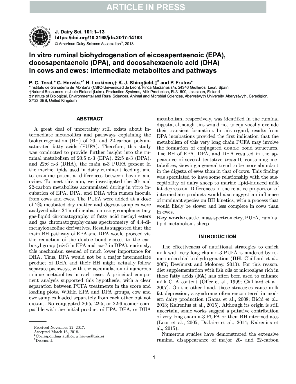 In vitro ruminal biohydrogenation of eicosapentaenoic (EPA), docosapentaenoic (DPA), and docosahexaenoic acid (DHA) in cows and ewes: Intermediate metabolites and pathways