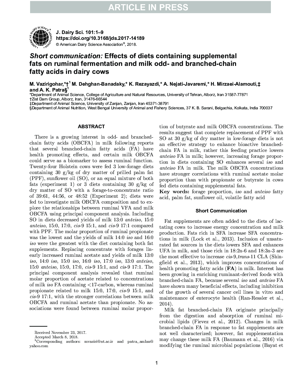 Short communication: Effects of diets containing supplemental fats on ruminal fermentation and milk odd- and branched-chain fatty acids in dairy cows