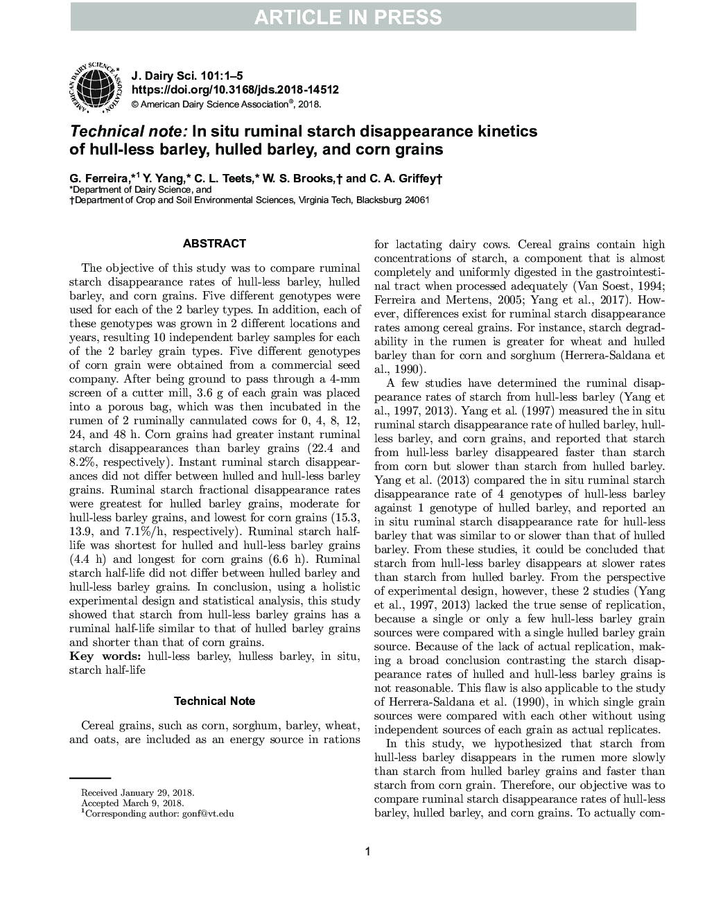 Technical note: In situ ruminal starch disappearance kinetics of hull-less barley, hulled barley, and corn grains