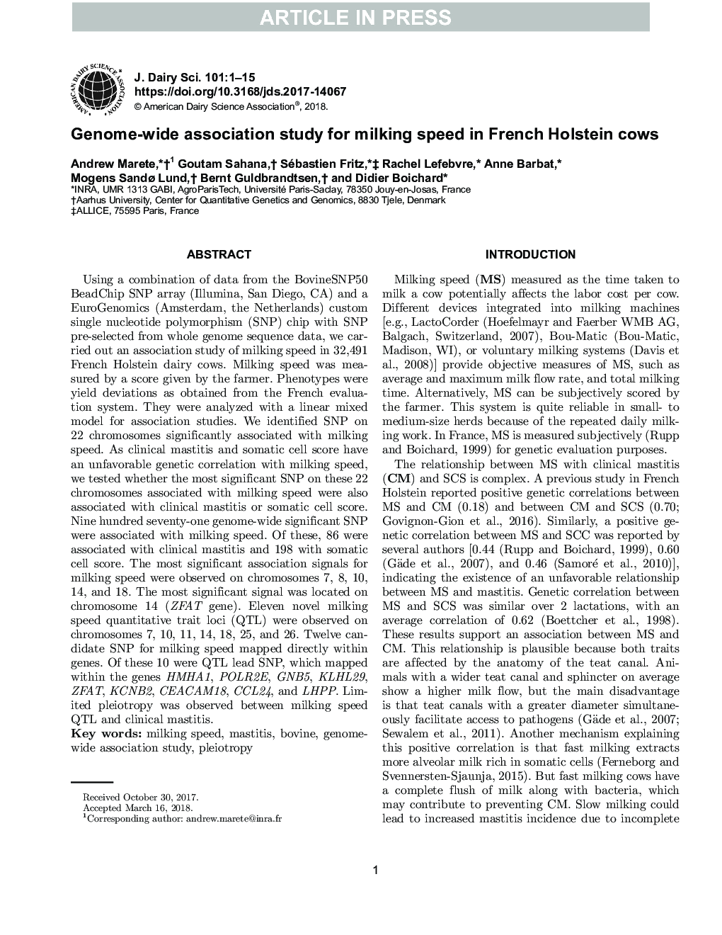 Genome-wide association study for milking speed in French Holstein cows
