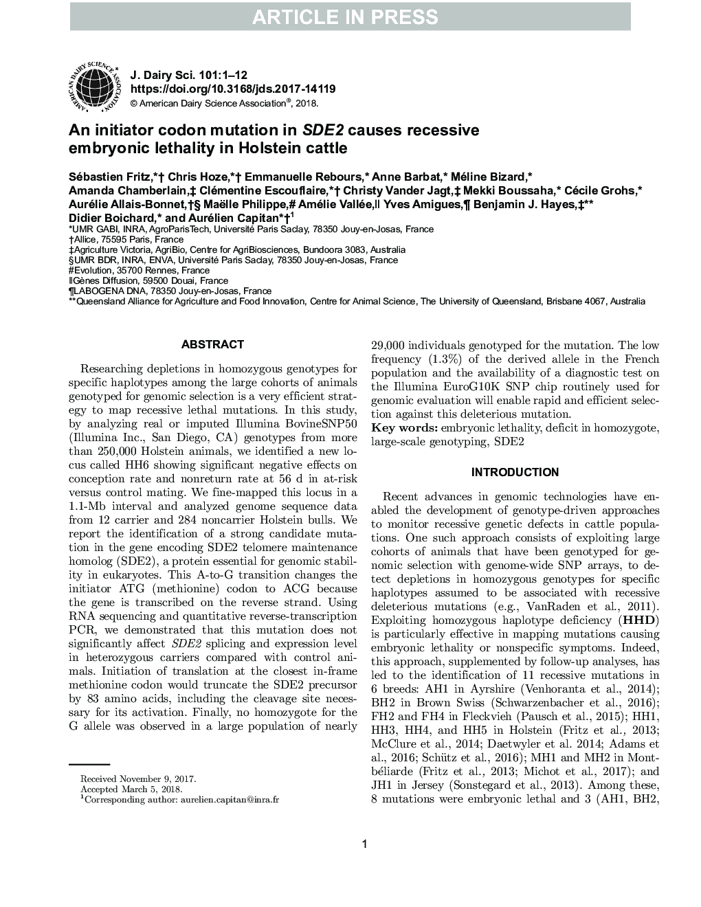 An initiator codon mutation in SDE2 causes recessive embryonic lethality in Holstein cattle