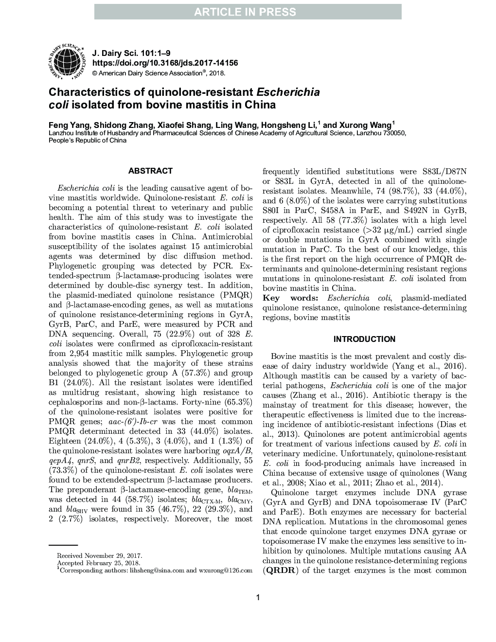 Characteristics of quinolone-resistant Escherichia coli isolated from bovine mastitis in China