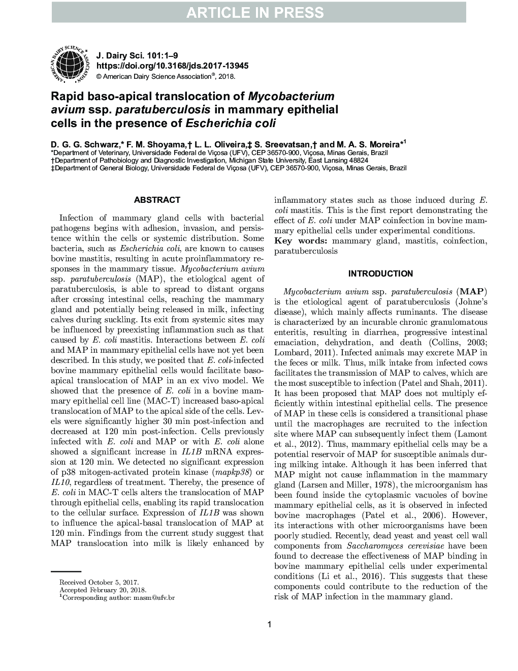 Rapid baso-apical translocation of Mycobacterium avium ssp. paratuberculosis in mammary epithelial cells in the presence of Escherichia coli