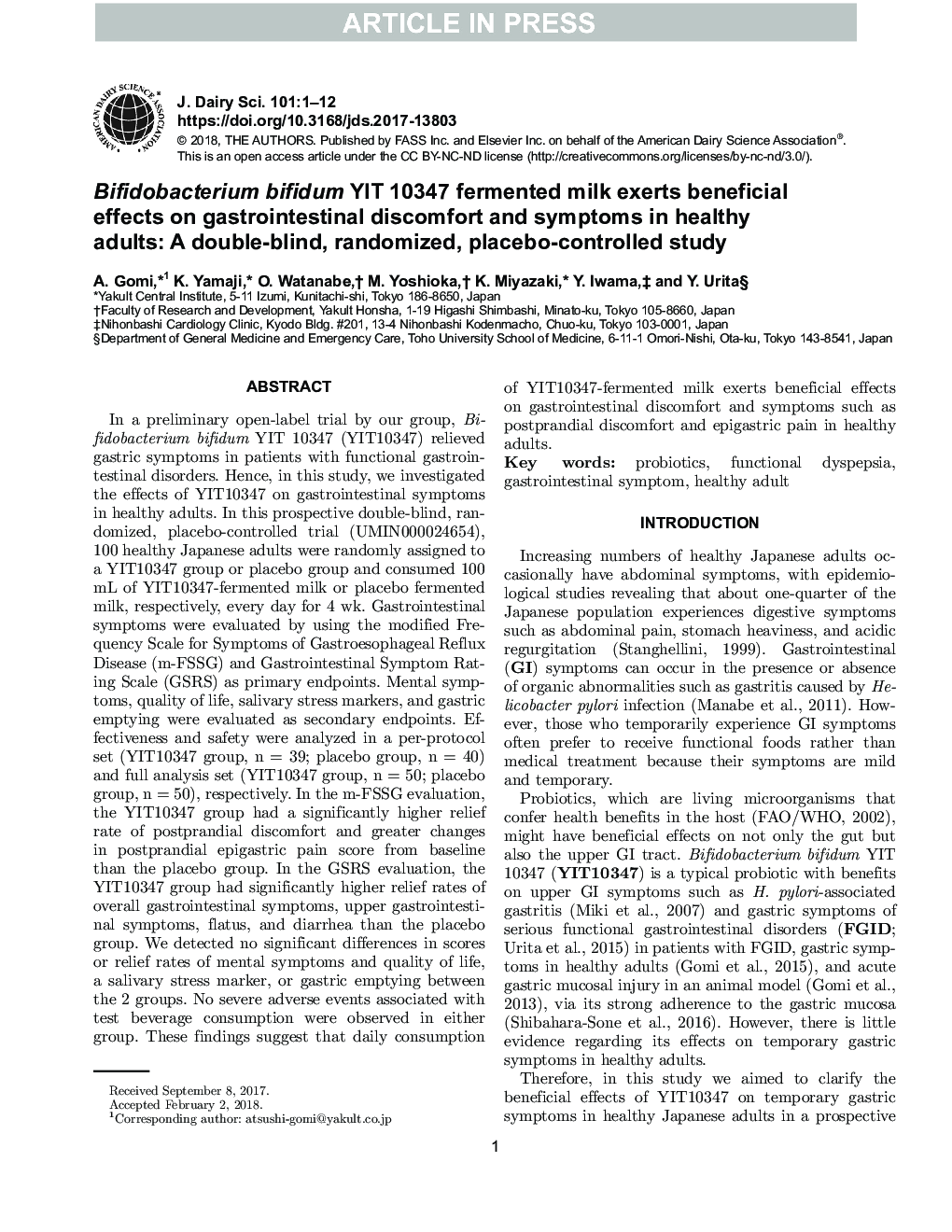 Bifidobacterium bifidum YIT 10347 fermented milk exerts beneficial effects on gastrointestinal discomfort and symptoms in healthy adults: A double-blind, randomized, placebo-controlled study