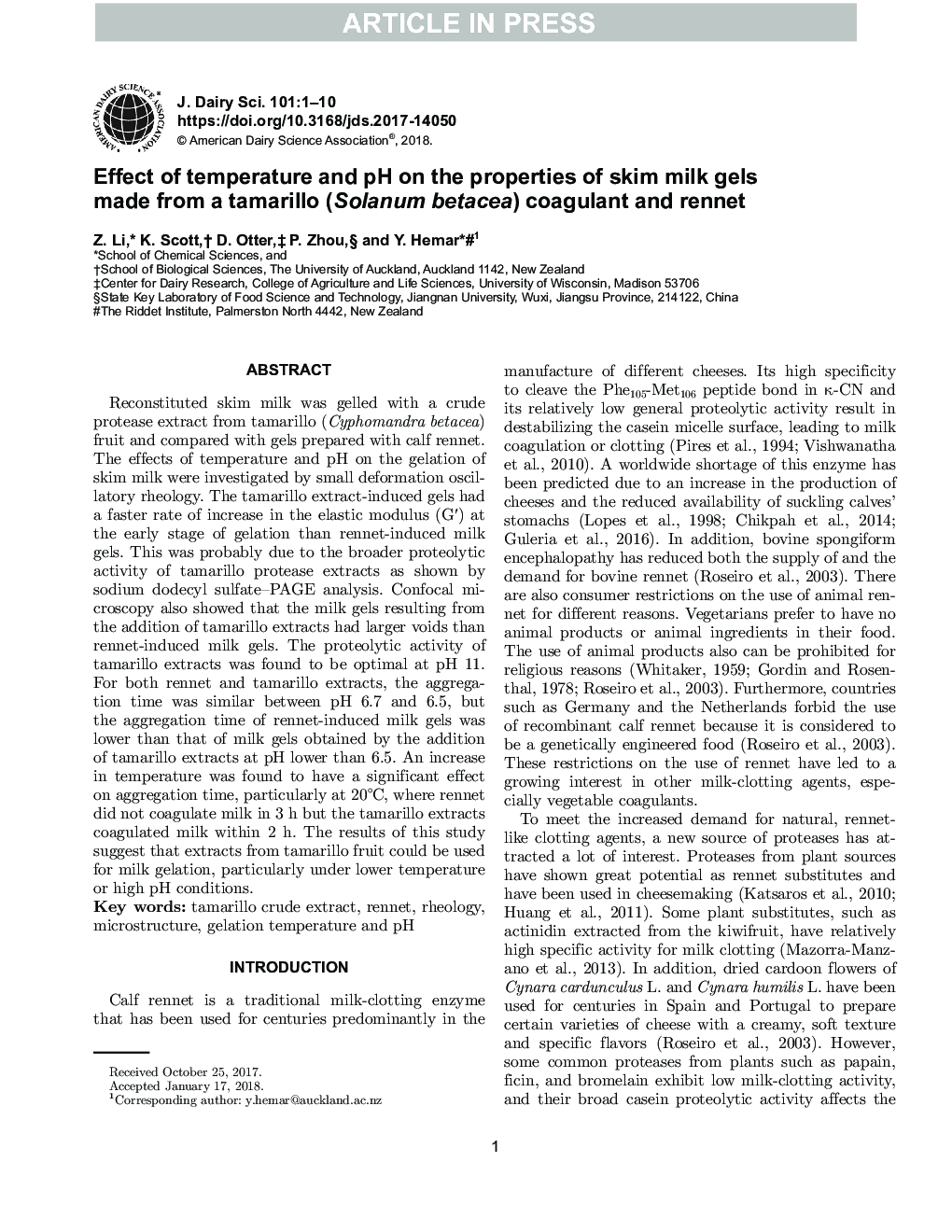 Effect of temperature and pH on the properties of skim milk gels made from a tamarillo (Cyphomandra betacea) coagulant and rennet