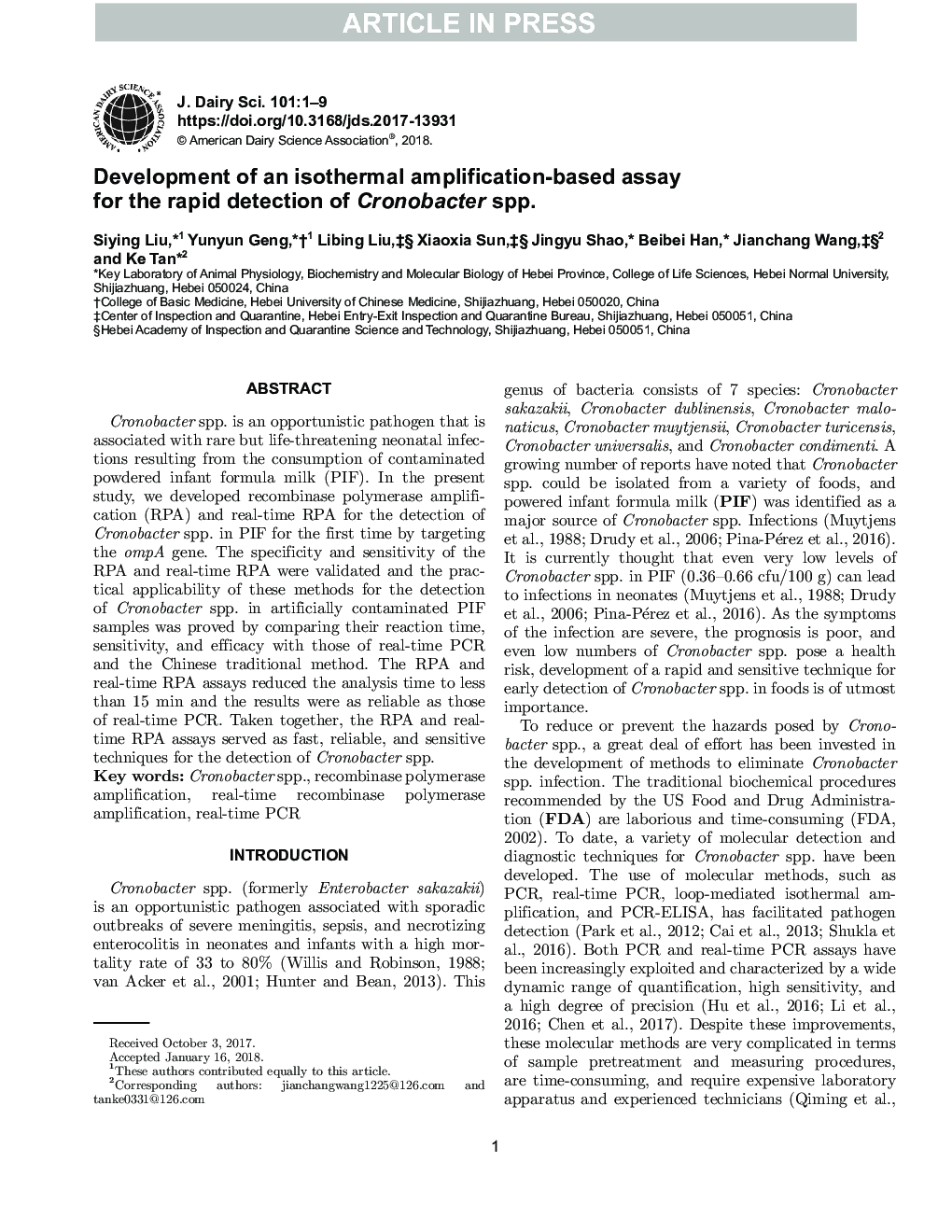 Development of an isothermal amplification-based assay for the rapid detection of Cronobacter spp.