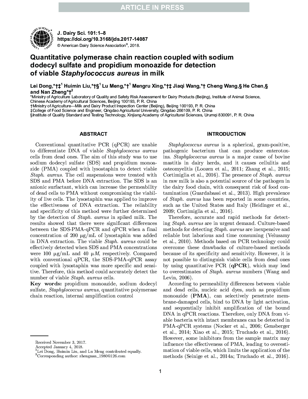 Quantitative PCR coupled with sodium dodecyl sulfate and propidium monoazide for detection of viable Staphylococcus aureus in milk