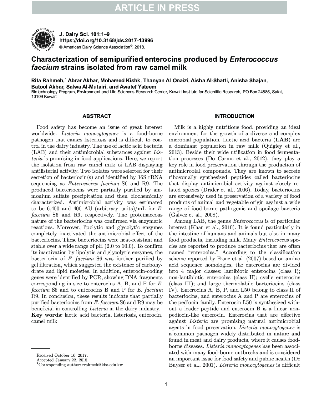 Characterization of semipurified enterocins produced by Enterococcus faecium strains isolated from raw camel milk