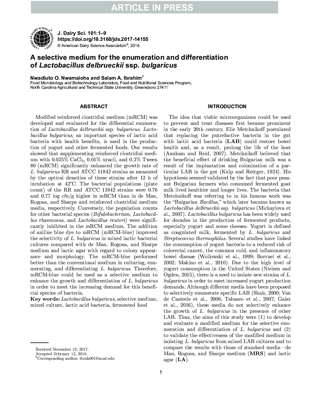 A selective medium for the enumeration and differentiation of Lactobacillus delbrueckii ssp. bulgaricus