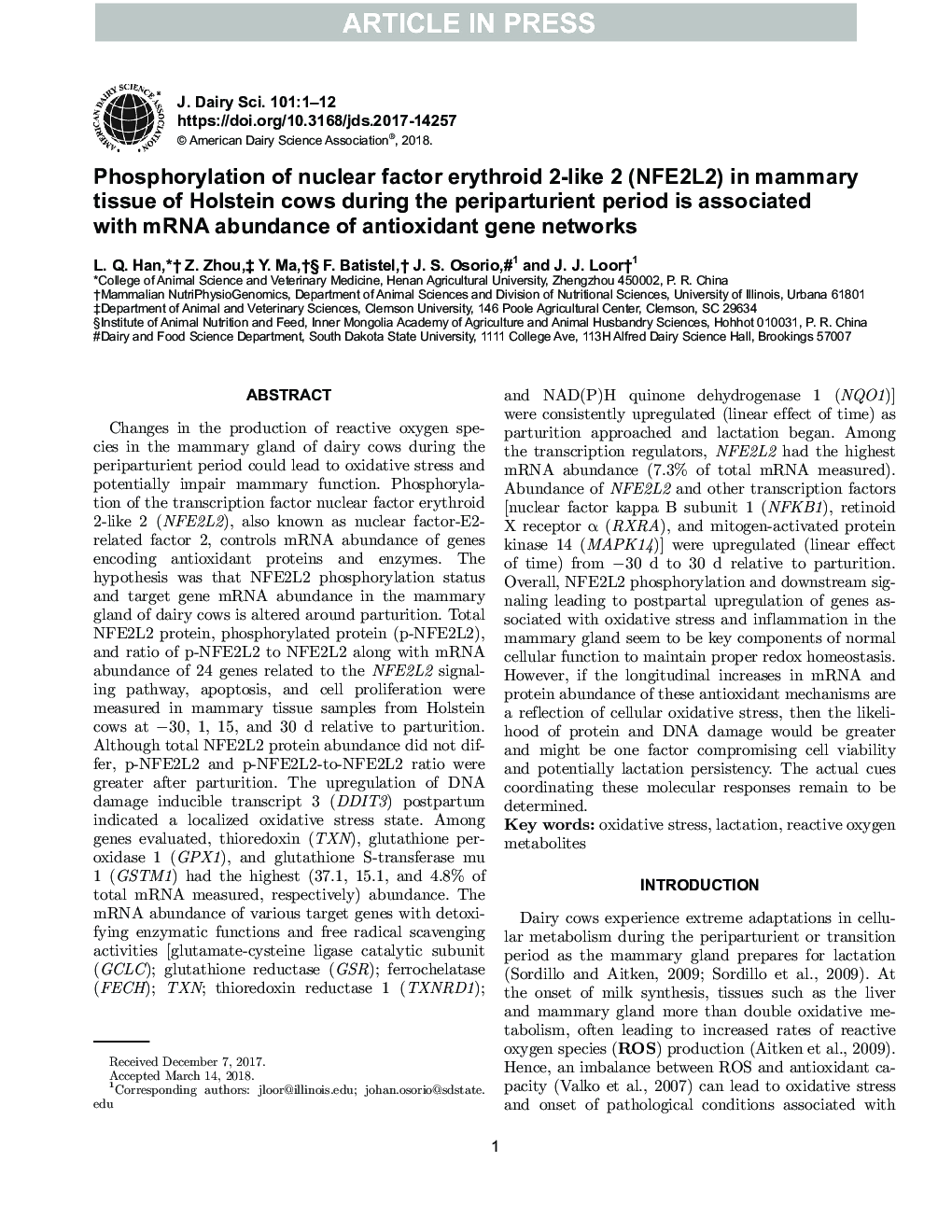 Phosphorylation of nuclear factor erythroid 2-like 2 (NFE2L2) in mammary tissue of Holstein cows during the periparturient period is associated with mRNA abundance of antioxidant gene networks