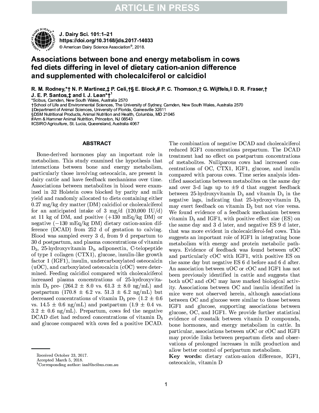 Associations between bone and energy metabolism in cows fed diets differing in level of dietary cation-anion difference and supplemented with cholecalciferol or calcidiol