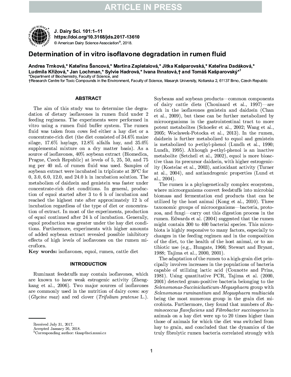 Determination of in vitro isoflavone degradation in rumen fluid