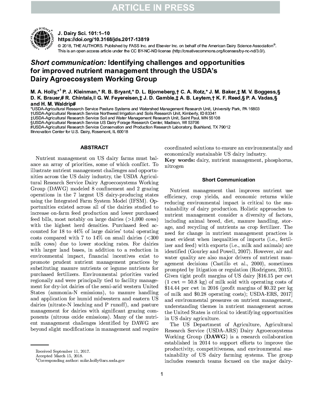 Short communication: Identifying challenges and opportunities for improved nutrient management through the USDA's Dairy Agroecosystem Working Group