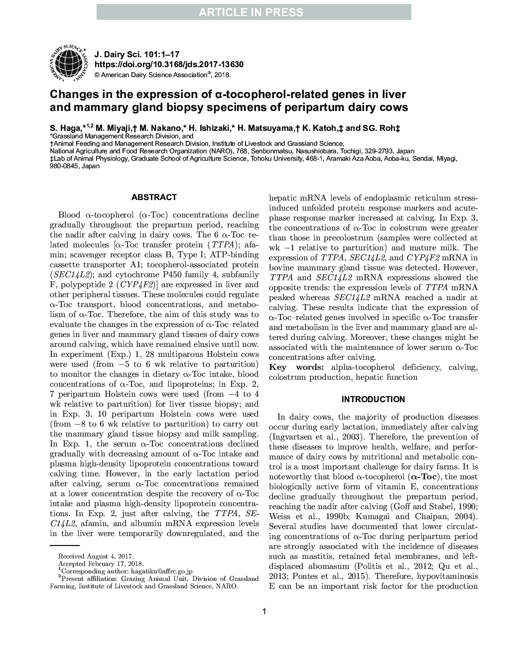 Changes in the expression of Î±-tocopherol-related genes in liver and mammary gland biopsy specimens of peripartum dairy cows