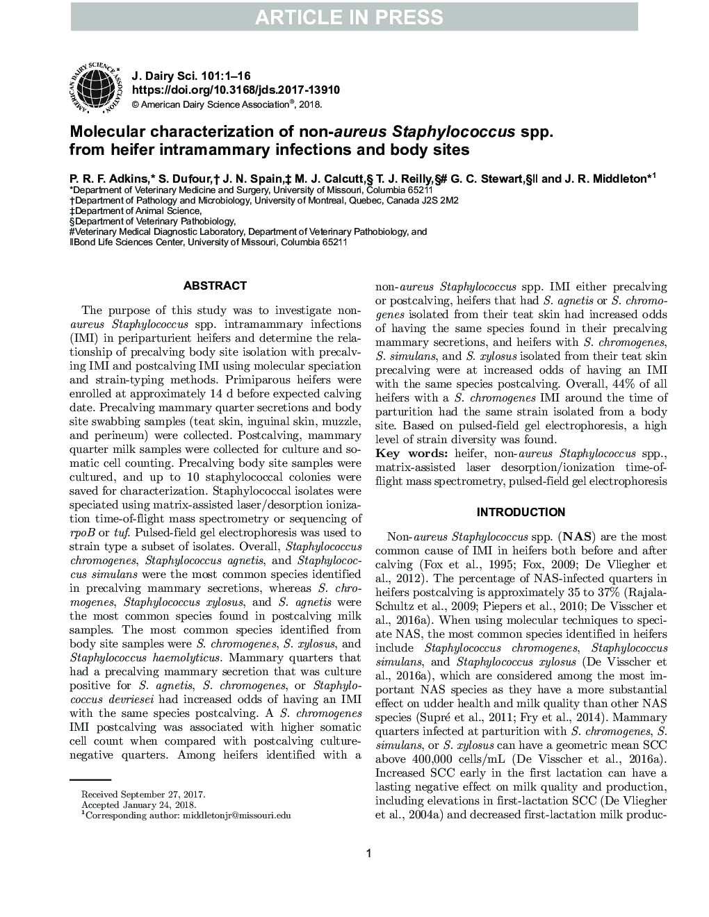 عکس صفحه اول مقاله: Molecular characterization of non-aureus Staphylococcus spp. from heifer intramammary infections and body sites Molecular characterization of non-aureus Staphylococcus spp. from heifer intramammary infections and body sites