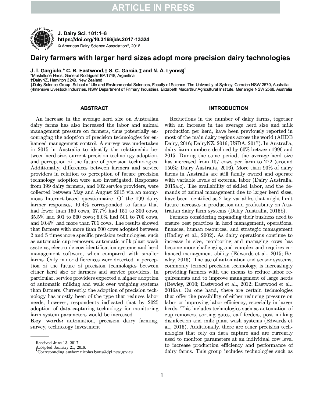 Dairy farmers with larger herd sizes adopt more precision dairy technologies